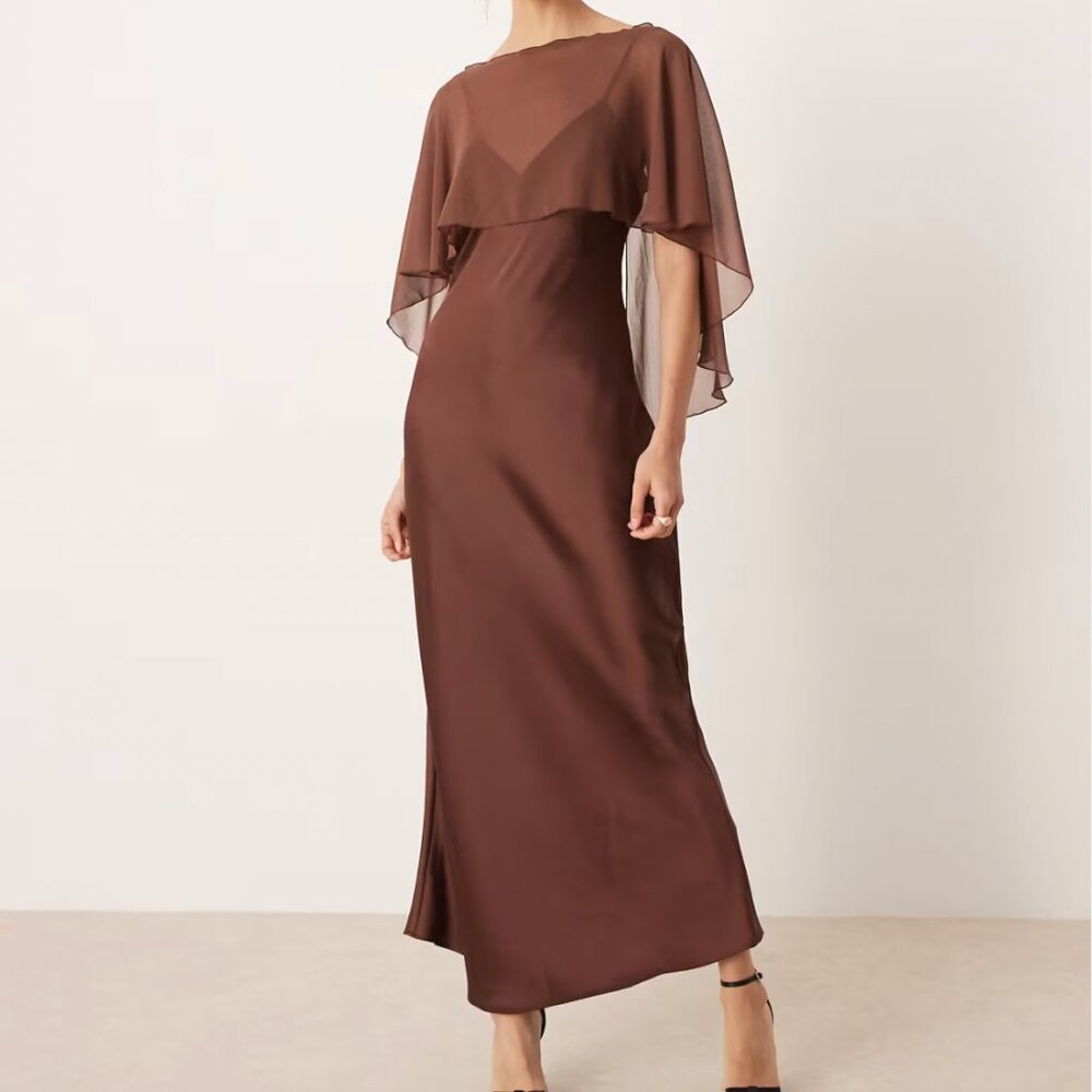 ASOS DESIGN satin cape maxi dress in chocolate